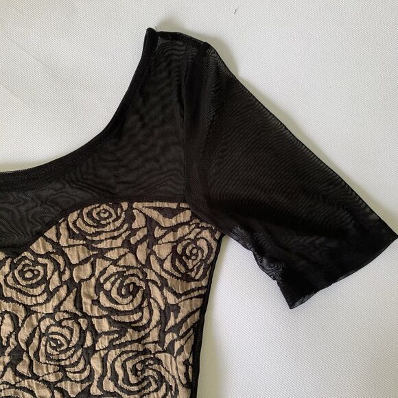Vintage Manito Bodycon Dress Women Medium Tan Black Floral Rose Sheer Mesh Party - Picture 6 of 12
